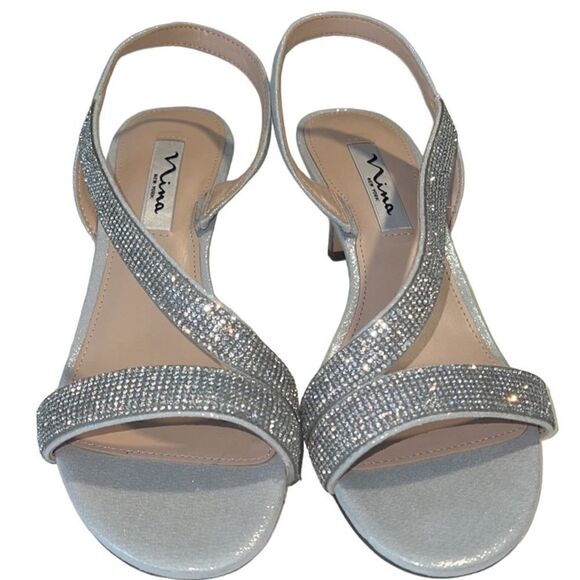 Nina Nieves True Silver Reflective Crystals Sling-back Sandals Size 7.5 NIB - Picture 2 of 11